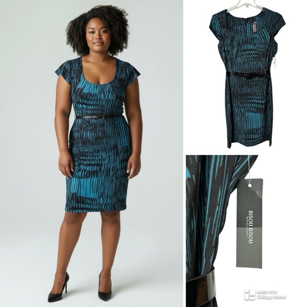 Bisou Bisou NWT Teal & Black Patterned Cap-Sleeve Sheath Dress with Belt